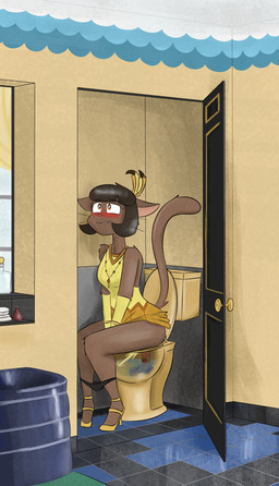 accessory anthro armwear art_deco art_deco_architecture bathroom bathtub blush bob_cut bodily_fluids breasts brown_body brown_fur brown_hair butt clothed clothing door door_handle doorknob doorway dress elbow_gloves feather_in_hair feces female floor footwear fur genital_fluids glass_bottle gloves hair hair_accessory handwear happy high_heels inside jewelry loose_feather necklace open_door panties peeing pooping pooping_in_toilet shoes sitting smile solo starry_eyes tail text tile tile_floor toilet toilet_use topwear towel underwear urine urine_stream watersports whiskers x-ray_view notmypornaccount lackadaisy ivy_pepper domestic_cat felid feline felis mammal 2025 absurd_res digital_drawing_(artwork) digital_media_(artwork) hi_res