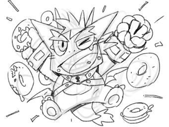 anthro biped chibi dessert doughnut food humanoid_hands one_eye_closed pastry simple_background solo white_background wings wink gamma-g anothereidos_of_dragon_vein_r mythology barboros_(anothereidos_r) dragon mythological_creature mythological_scalie scalie 2021 4:3 hi_res monochrome sketch