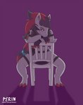 ambiguous_gender black_body black_fur chair claws fur furniture grey_body grey_fur hair head_markings inner_ear_fluff long_hair looking_at_viewer markings on_chair purple_eyes red_claws red_hair semi-anthro sitting sitting_backwards sitting_on_chair solo text tuft perinia nintendo pokemon generation_5_pokemon pokemon_(species) zoroark hi_res url