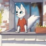 1:1 2019 anthro arctic_fox balcony black_nose blue_eyes canid canine cheek_tuft clothed clothing detailed_background digital_media_(artwork) disney enginetrap facial_tuft female fox fur glass head_tuft hi_res light lighting mammal neck_tuft outside plant plant_pot potted_plant shaded shirt skye_(zootopia) smile solo sunlight t-shirt tail topwear true_fox tuft white_body white_fur window zootopia