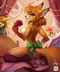 2019 4_toes 5:6 anthro barefoot bed bedroom biped bow_(feature) breasts brown_body brown_eyebrows brown_fur brown_hair brown_nose brown_tail butt canid canine claws collaboration digital_media_(artwork) dragonfu eyebrows feet female flower fox fur furlana furniture green_eyes hair hi_res holding_flower holding_object inner_ear_fluff kneeling long_hair long_tail looking_at_viewer looking_back mammal multicolored_body multicolored_fur nipples nude on_bed pawpads pillow pink_nipples pink_pawpads plant rear_view red_fox rose_(flower) side_boob sitting soles solo tail toes true_fox tuft wariza white_body white_fur