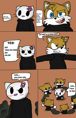 accessory anthro black_clothing blue_eyes blush cloak clone clothed clothing dialogue duo female fur hair_accessory male male/female open_mouth simple_background smile solo text white_body white_fur dezmine21 hello_kitty_(series) sanrio sega sonic_the_hedgehog_(series) tails_gets_trolled hello_kitty_(character) miles_prower canid canine domestic_cat felid feline felis fox mammal absurd_res comic digital_media_(artwork) english_text hi_res