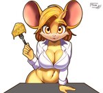 :3 anthro big_breasts blonde_hair bottomless breasts cheese clothed clothing cutlery dairy_products female food fork fur hair kitchen_utensils navel orange_eyes queso_2033 shirt simple_background smile solo t-shirt text tools topwear white_background yellow_body yellow_fur thyhsilverfeet brie_(queso2033) mammal mouse murid murine rodent artist_name hi_res