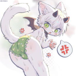 2_horns 4_fingers anthro arm_tattoo bangs biped black_horn black_nose black_wings blush blush_lines bodily_fluids bottomwear bulge bulge_from_behind butt cheek_tuft childish_panties childish_underwear claws clothed clothing clover_panties collar cross-popping_vein crossdressing crossdressing_male facial_tuft fangs femboy finger_claws fingers frilly frilly_clothing frilly_panties frilly_underwear fur green_clothing green_eyes green_panties green_underwear hair hair_between_eyes handpaw horn inner_ear_fluff looking_back male male_anthro open_mouth panties panties_only pattern_bottomwear pattern_clothing pattern_panties pattern_underwear pawpads paws pink_inner_ear pink_pawpads raised_tail simple_background solo speech_bubble sweat sweaty_legs tail tattoo teeth topless tuft underwear underwear_only white_body white_ears white_fur white_hair white_inner_ear_fluff white_tail wings young young_anthro young_male angrygentoo domestic_cat felid feline felis hybrid mammal 1:1 2025 hi_res
