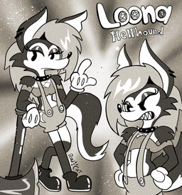 anthro axe battle_axe clothing collar ear_piercing eyeliner female gesture gloves hand_gesture handwear looking_at_viewer makeup mascara middle_finger piercing rubberhose_animation sharp_teeth simple_eyes spiked_collar spikes suspenders teeth white_clothing white_gloves white_handwear rad_cat hellaverse helluva_boss mythology loona_(helluva_boss) canid canid_demon canine demon hellhound mammal mythological_canine mythological_creature black_and_white hi_res monochrome