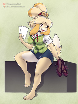 4_toes 5_fingers accessory anthro arm_tuft barefoot bell black_nose blonde_hair blue_bottomwear blue_clothing blue_skirt bottomwear bow_ribbon breasts brown_eyes circle_eyebrows clothing dipstick_tail eyebrows feet female fingers foot_on_ground footwear fur green_clothing green_topwear green_vest hair hair_accessory hair_tie high_heels holding_clothing holding_footwear holding_object holding_paper holding_shoes inner_thigh ko-fi_logo looking_at_viewer markings open_mouth open_smile paper patreon_logo paws pupils purple_clothing purple_footwear purple_high_heels raised_foot shoes shoes_removed sitting_on_object skirt smile snout solo tail tail_markings tan_body tan_fur teeth text toes tongue topwear tuft vest white_body white_fur white_text white_undershirt conditional_dnp xael_the_artist animal_crossing ko-fi nintendo patreon isabelle_(animal_crossing) canid canine canis domestic_dog mammal shih_tzu toy_dog 2025 3:4 absurd_res digital_media_(artwork) hi_res url