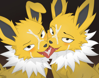 blush bodily_fluids cum cum_on_face cum_on_tongue duo female feral french_kissing fur genital_fluids kissing licking_tongue looking_at_viewer male open_mouth saliva simple_background tongue tongue_out yellow_body yellow_fur whyvern nintendo pokemon canid canine eeveelution generation_1_pokemon jolteon mammal pokemon_(species) 2026 absurd_res digital_media_(artwork) hi_res brother_(lore) female_(lore) male_(lore) sibling_(lore) sister_(lore) twins_(lore)