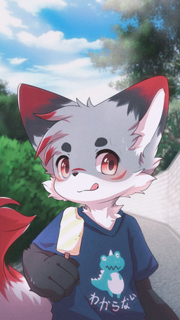 4_fingers anthro big_eyes biped blue_clothing blue_shirt blue_sky blue_t-shirt blue_topwear blush blush_lines bodily_fluids clothing cloud cloudy_sky cute_fangs day fangs fingers fluffy fluffy_tail food forest forest_background fur grey_body grey_fur kemono licking licking_lips looking_at_viewer male multicolored_body multicolored_fur nature nature_background outside plant popsicle print_clothing print_shirt print_t-shirt print_topwear red_body red_eyes red_fur shirt sky slim_anthro slim_male solo summer sweat t-shirt tail teeth text text_on_clothing text_on_shirt text_on_t-shirt text_on_topwear tongue tongue_out topwear tree white_body white_fur hlg7777 2020 9:16 cel_shading digital_drawing_(artwork) digital_media_(artwork) hi_res japanese_text shaded translated