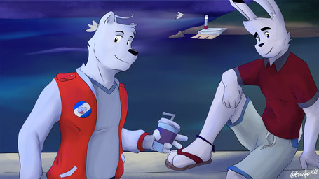 3_toes anthro blue_eyes clothing duo eyebrows feet flip_flops footwear fur lighthouse male male/male night orange_eyes sandals sea shoes soft_drink thick_eyebrows toes water white_body white_fur conditional_dnp gearfox98 francis_(gearfox98) miles_snowden_(gearfox98) bear hare lagomorph leporid mammal polar_bear ursine 16:9 hi_res widescreen