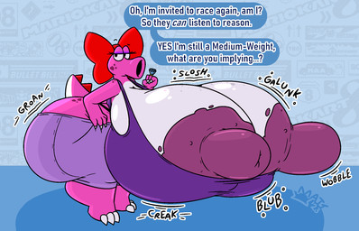 anthro areola big_areola big_breasts big_butt big_nipples bottomwear bow_ribbon breasts butt clothing ellipsis exposed_breasts female half-closed_eyes huge_areola huge_breasts huge_butt huge_hips huge_nipples huge_thighs hyper hyper_areola hyper_breasts hyper_butt hyper_hips hyper_nipples hyper_thighs ineffective_clothing looking_at_viewer multicolored_body narrowed_eyes nipples onomatopoeia purple_areola purple_nipples question_mark ring_(jewelry) shirt shorts solo sound_effects speech_bubble tank_top text thick_thighs topwear two_tone_body wide_hips mattthetooncat mario_bros nintendo birdo dinosaur prehistoric_species reptile scalie english_text hi_res