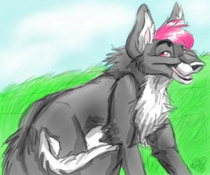 ambiguous_gender blue_sky day detailed_background eyebrows feral feral_with_hair fur grass grey_body grey_fur hair open_mouth open_smile outside pink_eyes pink_hair plant sky smile smile_lines snout solo standing tail toony white_body white_fur blondefoxy canid canine canis mammal wolf 2008 adobe_photoshop_(artwork) colored_sketch digital_drawing_(artwork) digital_media_(artwork) low_res shaded sketch