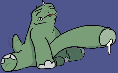 balls big_penis bodily_fluids cum eyes_closed feral foreskin genital_fluids genitals male penis sitting solo tail tail_motion tailwag tongue tongue_out trashgal mewgenics dreadnoughtus_(mewgenics) dinosaur dreadnoughtus prehistoric_species reptile scalie low_res