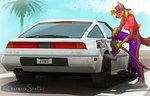 300zx anthro car female gas_pump gas_station palm_tree plant refueling retro_car solo text tree vehicle charmersshelter nissan nissan_300zx hydee canid canine canis jackal mammal absurd_res english_text hi_res