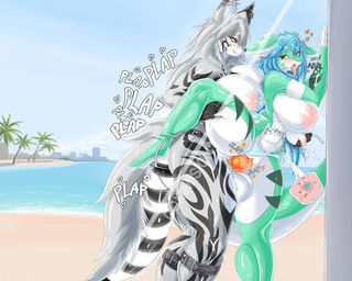 abdominal_bulge abs against_surface against_wall animal_genitalia animal_penis anthro areola balls beach big_balls big_breasts big_penis blush bodily_fluids breast_grab breast_milking breasts breath butt canine_genitalia canine_penis clothed clothing cum cum_in_vagina cum_inside dominant dominant_gynomorph dominant_intersex duo erection feet female fluffy fluffy_tail from_behind_position fur genital_fluids genitals grabbing_from_behind grey_body grey_fur gynomorph gynomorph_penetrating hair hand_on_breast harness heart_symbol huge_balls huge_breasts impregnation intersex intersex/female intersex_penetrating knot knotted_penis lactating milk moan motion_lines nipple_piercing nipple_tape nipples nude orange_eyes orange_penis outside ovum ovum_with_heart palm_tree panting pasties penetration penis piercing plant plap plap_(sound) raised_leg sand seaside sex size_difference sky smile sperm_cell stripes submissive submissive_female swimwear tail tape tattoo thick_thighs tongue tree vaginal vaginal_penetration water white_body white_fur wide_hips aleak_r conditional_dnp fishy_(aleak_r) aquatic canid canine canis fish fox mammal digital_media_(artwork) hi_res