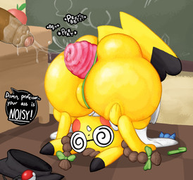 accessory after_anal anal_fluids anal_prolapse anthro anus apple bangs bent_over big_butt biped bodily_fluids bow_ribbon braided_hair braided_pigtails brown_hair butt butt_squish chalkboard classroom clothed clothing clothing_aside coat cosplay_pikachu_(costume) dialogue dirty_talk disembodied_penis duo erection eyewear fart female food foreskin fruit genital_fluids genitals glasses glasses_askew graduation_cap hair hair_accessory hair_bow hair_ribbon huge_butt humanoid_genitalia humanoid_penis looking_through looking_through_legs male male/female nerd partially_clothed partially_retracted_foreskin penis plant pokeball precum precum_string prolapse ribbons school solo_focus sound_effects speech_bubble spiral_glasses squish tail talking_to_another teacher thong thong_aside topwear underwear underwear_aside vowelless vowelless_sound_effect vulva wearing_glasses yellow_body pincoosh nintendo pokemon pikachu_ph._d generation_1_pokemon pikachu pokemon_(species) absurd_res digital_media_(artwork) hi_res signature