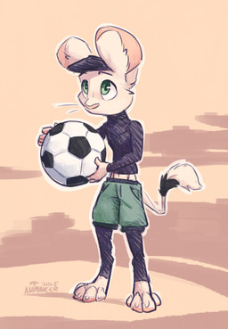 ambiguous_gender anthro ball bottomwear clothed clothing front_view fully_clothed fur green_eyes hat headgear headwear leg_warmers legwear looking_up paws shorts soccer_ball solo standing sweater topwear turtleneck white_body white_fur animancer luck_(animancer) luckymancer dipodid jerboa mammal rodent 2025 hi_res