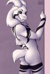 anthro biped black_sclera butt fur horn looking_at_viewer looking_back male markings nude pose rear_view simple_background solo standing white_body white_fur mistystriker undertale undertale_(series) asriel_dreemurr_(god_form) boss_monster_(undertale) bovid caprine mammal 2016 portrait three-quarter_portrait