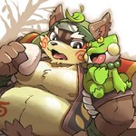 anthro belly blush brown_body brown_fur duo eyes_closed food fur green_body kemono leaf male onigiri overweight overweight_male rice doggiemonkey sengoku_puzzle momochi_sandayuu amphibian canid canine frog mammal raccoon_dog tanuki 1:1 2015 low_res