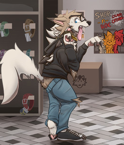 ambiguous_gender black_clothing black_hoodie black_topwear blue_bottomwear blue_clothing blue_eyes blue_pants bottomwear brown_body brown_fur chest_tuft claws clothing collar denim denim_bottomwear denim_clothing detailed_background dipstick_ears ear_markings eyewear fangs finger_claws floor footwear fur fur_growth glasses growth hoodie human_to_anthro inside jeans mid_transformation multicolored_ears open_mouth pants pawpads pink_pawpads poster sharp_teeth shirt shoes solo species_transformation tail tail_growth tan_body tan_fur teeth text tile tile_floor toe_claws tongue tongue_out topwear torn_bottomwear torn_clothing torn_hoodie torn_pants torn_shoes transformation tuft toshabi nintendo pokemon canid canine generation_7_pokemon human lycanroc mammal midday_lycanroc pokemon_(species) english_text hi_res shaded