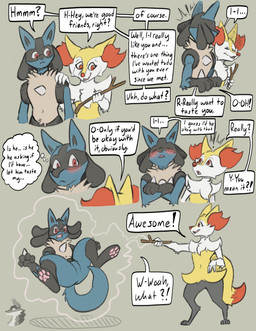 black_body black_fur blue_body blue_fur blush duo fur male orange_body orange_fur pawpads red_eyes shrinking size_transformation stick text transformation vore white_body white_fur yellow_body yellow_fur arkailart nintendo pokemon braixen generation_4_pokemon generation_6_pokemon lucario pokemon_(species) absurd_res comic english_text hi_res