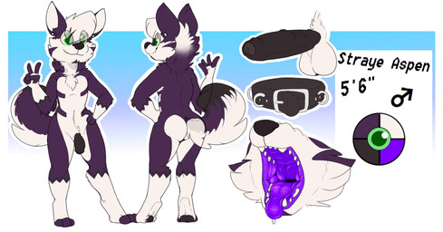 anthro black_penis butt collar digitigrade ear_piercing erection fangs fingerless_(marking) fingerless_gloves_(marking) flaccid foreskin fur genitals gesture gloves_(marking) green_eyes hair hand_gesture male markings mouth_shot nude open_mouth penis piercing pubes purple_body purple_fur solo teeth v_sign white_body white_fur white_hair backsash straye_aspen canid canine hybrid mammal 2018 absurd_res digital_media_(artwork) hi_res model_sheet