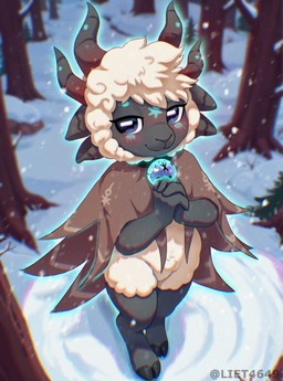 2_toes 4_ears 4_horns anthro barefoot bell bell_collar blush bottomless clasped_hands cloak cloak_only clothed clothing cloven_hooves collar feet female fur hooves horizontal_pupils horn multi_ear multi_horn outside plant pupils snow snowing solo standing thick_thighs toes tree unguligrade white_body white_fur white_wool wide_hips wool_(fur) liet4649 cult_of_the_lamb massive_monster_(studio) yngya_(cult_of_the_lamb) bovid caprine mammal sheep hi_res