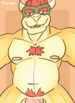 anthro balls body_hair breathing chest_hair chest_tuft eyebrows genitals hair horn male muscular navel nipples one_eye_closed orange_body orange_skin pecs penis pubes raised_eyebrows red_hair red_pubes sharp_teeth simple_background slightly_chubby smile solo teeth tuft wink trick_rex mario_bros nintendo bowser koopa scalie 2d_animation animated short_playtime