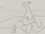 anthro big_bulge bulge clothing detailed_bulge duo erection genital_outline huge_bulge male male/male overweight overweight_male penis_outline poolside simple_background size_difference smile swimming_pool swimwear tail text underwear sstinkies dinosaur dromaeosaurid gecko lizard prehistoric_species reptile sauropod sauropodomorph scalie theropod absurd_res hi_res