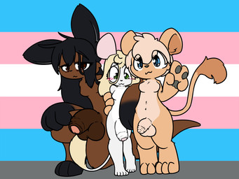 3_fingers 3_toes 4_fingers 5_toes anthro balls black_ears black_hair blonde_hair blonde_tail_tuft blue_eyes blush blush_lines breasts brown_body brown_eyes brown_fur brown_penis brown_tail featureless_breasts feet fingers flaccid foreskin fur genitals gesture green_eyes group gynomorph gynomorph/gynomorph hair hand_gesture intersex intersex/intersex kneeling lgbt_pride looking_at_viewer multicolored_body multicolored_fur on_one_knee penis pink_ears pride_colors shy smile smiling_at_viewer standing tail tail_tuft tan_body tan_ears tan_fur tan_tail toes transgender_pride_colors trio tuft two_tone_body two_tone_fur v_sign white_body white_fur white_penis white_tail alator rikki_(alator) scribble_(alator) felid lion macropod mammal marsupial mouse murid murine pantherine rodent wallaby 4:3 colored digital_drawing_(artwork) digital_media_(artwork) flat_colors hi_res trans_(lore) trans_woman_(lore)