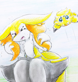 ambiguous_anthro ambiguous_feral ambiguous_gender anthro biped blush bodily_fluids crouching duo ears_down eyes_closed feral front_view jumping nude_ambiguous nude_anthro open_mouth pivoted_ears quadruped scared simple_background snout tears tongue wavy_mouth eiroru nintendo pokemon braixen generation_5_pokemon generation_6_pokemon joltik pokemon_(species) 2023 colored colored_pencil_(artwork) graphite_(artwork) hi_res shaded traditional_media_(artwork)