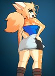 anthro biped black_eyebrows black_lips black_lipstick blue_sclera breasts clothed clothed_anthro clothed_female clothing cosplay crossover_cosplay eyebrows eyelashes female fur hair hand_on_hip lips lipstick looking_at_viewer looking_back looking_back_at_viewer makeup nipple_outline ponytail rear_view scut_tail short_tail smile solo standing tail tan_body tan_fur tan_hair teeth text white_body white_fur roboticsteve capcom resident_evil ring_cats jill_valentine valentine_(roboticsteve) domestic_cat felid feline felis mammal 2024 absurd_res crossover english_text hi_res