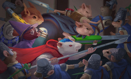 anthro armor blue_cape blue_clothing brown_body brown_fur buckteeth cape clothing eyes_closed eyewear fur glasses group hat headgear headwear helmet holding_knife holding_object holding_scalpel holding_scissors knife male red_cape red_clothing round_glasses scissors teeth whiskers white_body white_fur wizard_hat holt5 hasbro magic:_the_gathering small_saga wizards_of_the_coast eulipotyphlan mammal mole_(animal) mouse murid murine rodent sciurid tree_squirrel 2025 character_request digital_media_(artwork)