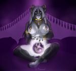 anthro big_breasts biped black_body black_fur bovid_horn breasts caprine_horn cloven_hooves collar convenient_censorship crystal_ball curvy_figure ear_piercing female fingers fortune_teller fortune_telling fur gypsy hair harem harem_outfit hooves horn jewelry long_hair looking_at_viewer mostly_nude multicolored_body multicolored_fur piercing pink_nose purple_eyes ram_horn simple_background sitting solo thick_thighs two_tone_body two_tone_fur voluptuous white_body white_fur white_hair monstrovod alterise bovid caprine hybrid mammal sheep-goat digital_media_(artwork) hi_res