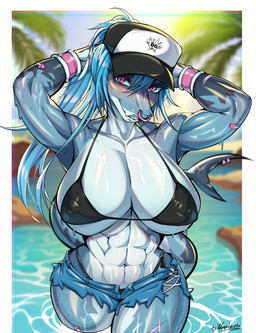 abs anthro big_breasts bikini bikini_top bottomwear breasts clothing eyelashes facial_piercing female freckled_arms freckled_chest freckled_face freckled_legs freckled_shoulders freckled_thighs freckles furgonomics hair hat headgear headwear hotpants huge_breasts long_eyelashes muscular muscular_anthro muscular_female navel nipple_outline nipples non-mammal_breasts non-mammal_navel non-mammal_nipples nose_piercing nose_ring piercing ponytail ring_piercing scar shorts smile solo swimwear tail thick_thighs two-piece_swimsuit wide_hips weelzelu jawlene_(herny) fish marine shark absurd_res hi_res