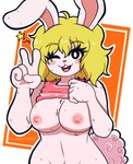 anthro areola big_tail blonde_hair blush blush_stickers breasts brown_eyes clothed clothing cotton_tail eyelashes female flashing flashing_breasts fur gesture hair hand_gesture looking_at_viewer navel nipples one_eye_closed open_mouth open_smile orange_background pink_areola pink_clothing pink_nipples pink_topwear raised_clothing raised_topwear short_hair simple_background smile solo tail topwear v_sign white_background white_body white_fur wide_hips wink winking_at_viewer lewdscrap one_piece carrot_(one_piece) lagomorph leporid mammal minkmen_(one_piece) rabbit hi_res