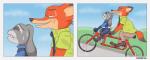 anthro bicycle bodily_fluids clothed clothing cycling duo female fur grey_body grey_fur male police police_uniform red_body red_fur simple_background suggestive sweat uniform vehicle mrfarrow disney zootopia judy_hopps nick_wilde canid canine fox lagomorph leporid mammal rabbit red_fox true_fox comic