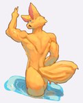 anthro blue_eyes butt cheek_tuft facial_tuft fur looking_at_viewer male muscular muscular_anthro muscular_male narrowed_eyes nude open_mouth partially_submerged simple_background simple_eyes solo standing tuft water wet wet_body white_background yellow_body yellow_fur rz54 felid mammal hi_res