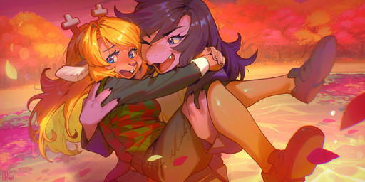 anthro antlers biped bottomwear breasts butt claws clothed clothed_anthro clothed_female clothing duo female fingers footwear front_view fully_clothed fully_clothed_anthro fully_clothed_female fur hair horn shoes smile standing tail teeth tongue topwear aruurara deltarune undertale_(series) noelle_holiday susie_(deltarune) deer mammal scalie 2026 digital_drawing_(artwork) digital_media_(artwork) hi_res