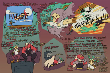 anthro biped black_clothing blue_eyes bottomwear brown_eyes clothed clothed_anthro clothing controller crt dialogue digitigrade eating food furniture game_controller male male_anthro on_sofa open_mouth pants pasta red_body shirt simple_background sitting sitting_on_sofa sofa spaghetti text topwear vonepitaph nintendo pokemon byron_(vonepitaph) kale_(vonepitaph) blaziken eeveelution generation_3_pokemon generation_4_pokemon leafeon pokemon_(species) 2025 comic digital_media_(artwork) english_text hi_res