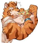 anthro eating eating_food food fur male muscular muscular_anthro muscular_male orange_body orange_eyes orange_fur pizza pizza_slice solo striped_body striped_fur stripes wristband aidemcc knights_college grantly_bell felid mammal pantherine tiger 2022 digital_drawing_(artwork) digital_media_(artwork) hi_res