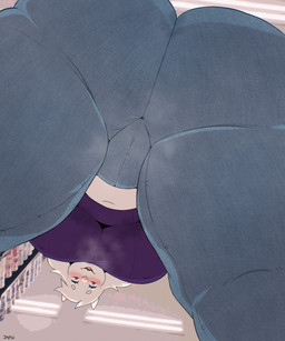 anthro big_breasts big_butt blush bodily_fluids bottomwear bra breasts butt clothed clothing denim denim_bottomwear denim_clothing female fur jeans looking_at_viewer low-angle_view navel obese obese_anthro obese_female overweight overweight_anthro overweight_female pants red_eyes simple_background smile solo sweat teeth thick_thighs tight_clothing translucent translucent_clothing translucent_topwear underwear upside_down white_body white_fur wide_hipped_anthro wide_hipped_female wide_hips worm's-eye_view jaypixi undertale_(series) toriel bovid caprine goat mammal absurd_res hi_res