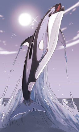 ambiguous_gender black_body brown_eyes cloud dorsal_fin feral fin forked_tail glistening glistening_eyes grey_body open_mouth sharp_teeth sky solo sun tail teeth unusual_anatomy unusual_tail water white_body swampjaws aquatic cetacean mammal toothed_whale 2022 hi_res