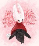 after_transformation anthro arthropod_abdomen biped black_body blush clothing clothing_tag female internal_screaming plushie red_clothing simple_background solo spread_legs spreading torture sinmarshmallow hollow_knight team_cherry hornet_(hollow_knight) animate_inanimate arachnid arthropod living_plushie spider