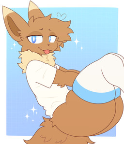 anthro blep blue_background blue_eyes border bottomless bottomless_anthro bottomless_male brown_body brown_fur brown_hair brown_inner_ear brown_nose butt cheek_tuft clothed clothing dipstick_ears ear_markings facial_tuft femboy fluffy fluffy_tail fur geometric_background grid_background hair heart_symbol legwear looking_at_viewer male markings midair multicolored_ears neck_tuft pattern_background pupils shirt short_hair simple_background sitting solo sparkles tail tan_body tan_fur thick_thighs thigh_highs tongue tongue_out topwear tuft white_border white_clothing white_legwear white_pupils white_shirt white_thigh_highs white_topwear ohalphabetboyy nintendo pokemon eevee generation_1_pokemon pokemon_(species) 2026 flat_colors hi_res