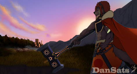 anthro armor hammer loading_screen male medieval medieval_armor medieval_clothing medieval_fantasy medieval_style outside tools warrior dansats canid canine mammal absurd_res digital_media_(artwork) hi_res