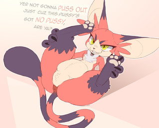 anthro anus big_butt big_ears butt claws collar dialogue featureless_crotch feet female fur hair hindpaw looking_at_viewer lying markings nude null null_bulge on_back pawpads paws presenting presenting_hindquarters semi-anthro simple_background smile solo tail teeth text thick_thighs tuft wide_hips yellow_eyes backsash bandai_namco digimon vivi_(inline) digimon_(species) felid gatomon mammal 2026 digital_media_(artwork) english_text hi_res