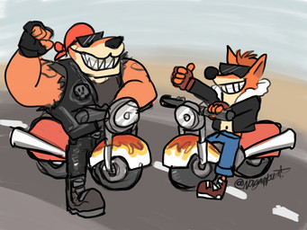 anthro biker biker_jacket boots bottomwear clothing duo eyewear fingerless_gloves fist footwear fur gesture gloves grin hand_gesture handwear jacket kerchief larger_male leather leather_clothing leather_jacket leather_topwear male manly motorcycle muscular muscular_anthro muscular_male orange_body orange_fur pants riding_motorcycle road sharp_teeth shoes size_difference sleeveless_clothing sleeveless_jacket sleeveless_shirt smaller_male smile sunglasses tan_body tan_fur teeth thumbs_up topwear vehicle nougatnora activision crash_bandicoot_(series) biker_tiny_tiger crash_bandicoot tiny_tiger bandicoot dasyuromorph mammal marsupial recently_extinct_species thylacine 2022 hi_res