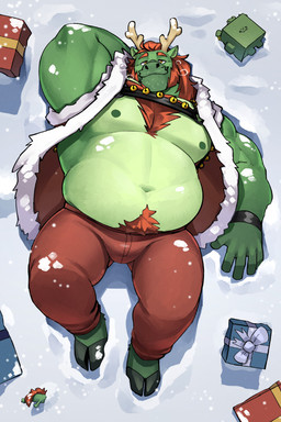 anthro antlers bell belly belly_hair biceps big_belly body_hair chest_hair christmas_present gift hand_behind_head happy_trail holidays hooves horn male musclegut muscular muscular_male navel nipples obese obese_anthro obese_male overweight overweight_anthro overweight_male pube_peek pubes snow solo triceps racesolar christmas sol_(racesolar) deer mammal new_world_deer reindeer hi_res