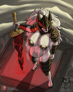 4_toes 5_fingers abs anthro areola armor athletic athletic_anthro athletic_female barely_visible_genitalia barely_visible_vulva big_breasts black_nose bodily_fluids breasts crossgender feet female fingers fur genitals glistening glistening_areola glistening_breasts hair headgear helmet hindpaw humanoid_hands melee_weapon mostly_nude mostly_nude_anthro mostly_nude_female mtf_crossgender nipples nude nude_anthro nude_female paws solo sweat sword toes vulva weapon white_body white_fur white_hair sevsartcave elden_ring fromsoftware maliketh_(elden_ring) canid canine canis mammal wolf hi_res