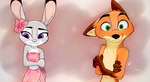 anthro clothed clothing crossed_arms dipstick_ears duo ear_markings female fur gloves_(marking) green_eyes grey_body grey_fur male markings midriff multicolored_ears orange_body orange_fur purple_eyes bubblecop disney zootopia judy_hopps nick_wilde canid canine fox lagomorph leporid mammal rabbit red_fox true_fox hi_res signature